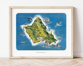 Vintage Hawaiian Island Map of Oahu, by Ray Lanterman circa 1962, illustrated Maui tourist map, including landmarks and tourist spots