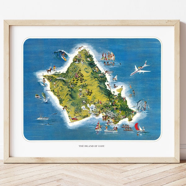 Vintage Hawaïaanse eilandkaart van Oahu, door Ray Lanterman circa 1962, geïllustreerde Maui-toeristenkaart, inclusief oriëntatiepunten en toeristische plekken