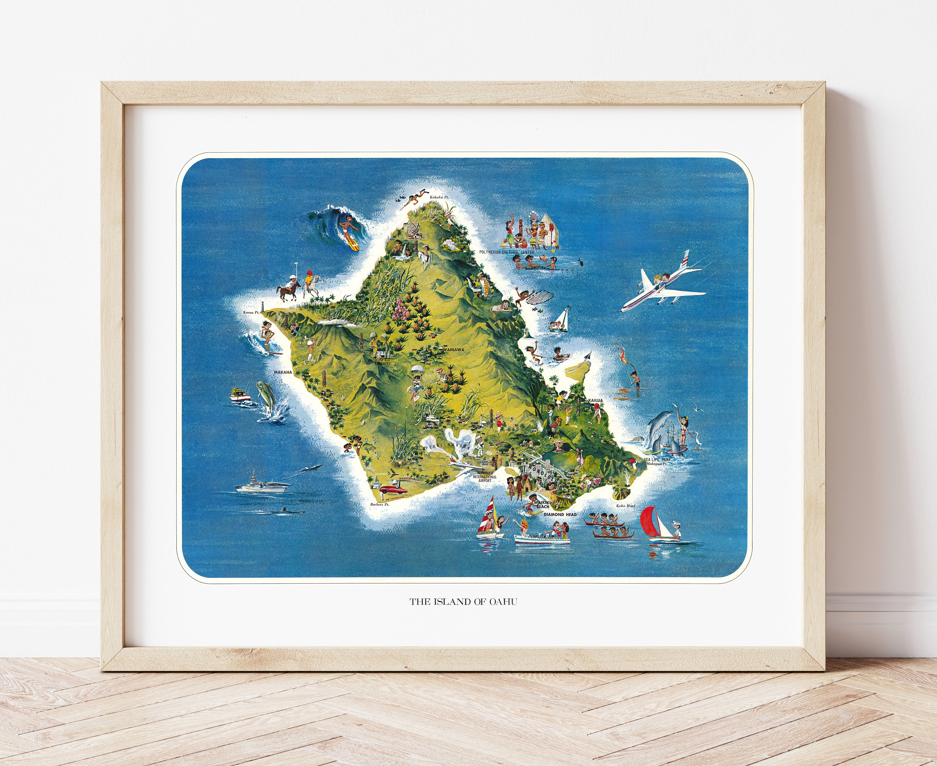 レイ・ランターマンによる1962年頃のオアフ島のビンテージハワイ島地図