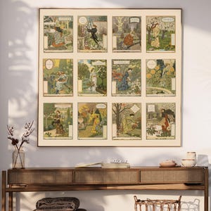 May include: A vintage-style calendar featuring twelve illustrations of women in various settings, each representing a different month of the year. The illustrations are in a colourful, whimsical style and feature floral motifs and natural elements.