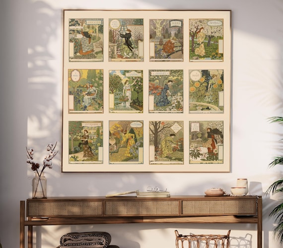 Vintage Art Nouveau wall art, Eugene Grasset Calendar, Floral 12 months of the year, Belle Jardinere, Birth Month Wall Decor, Art Deco decor