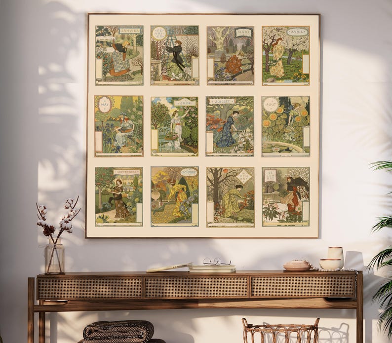 May include: A vintage-style calendar featuring twelve illustrations of women in various settings, each representing a different month of the year. The illustrations are in a colourful, whimsical style and feature floral motifs and natural elements.