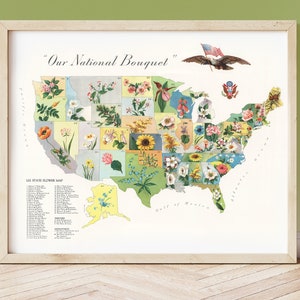 Antique U.S. State Flower Map Print circa 1911, American State Flowers, 'Our National Bouquet', Carte illustrée des États-Unis