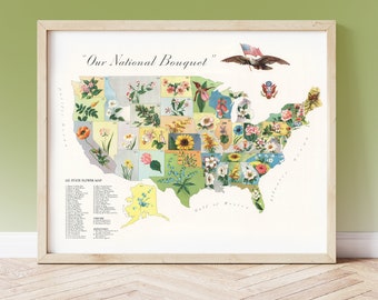 Antique U.S. State Flower Map Print circa 1911, American State Flowers, &#39;Our National Bouquet&#39;, Illustrated United States Map