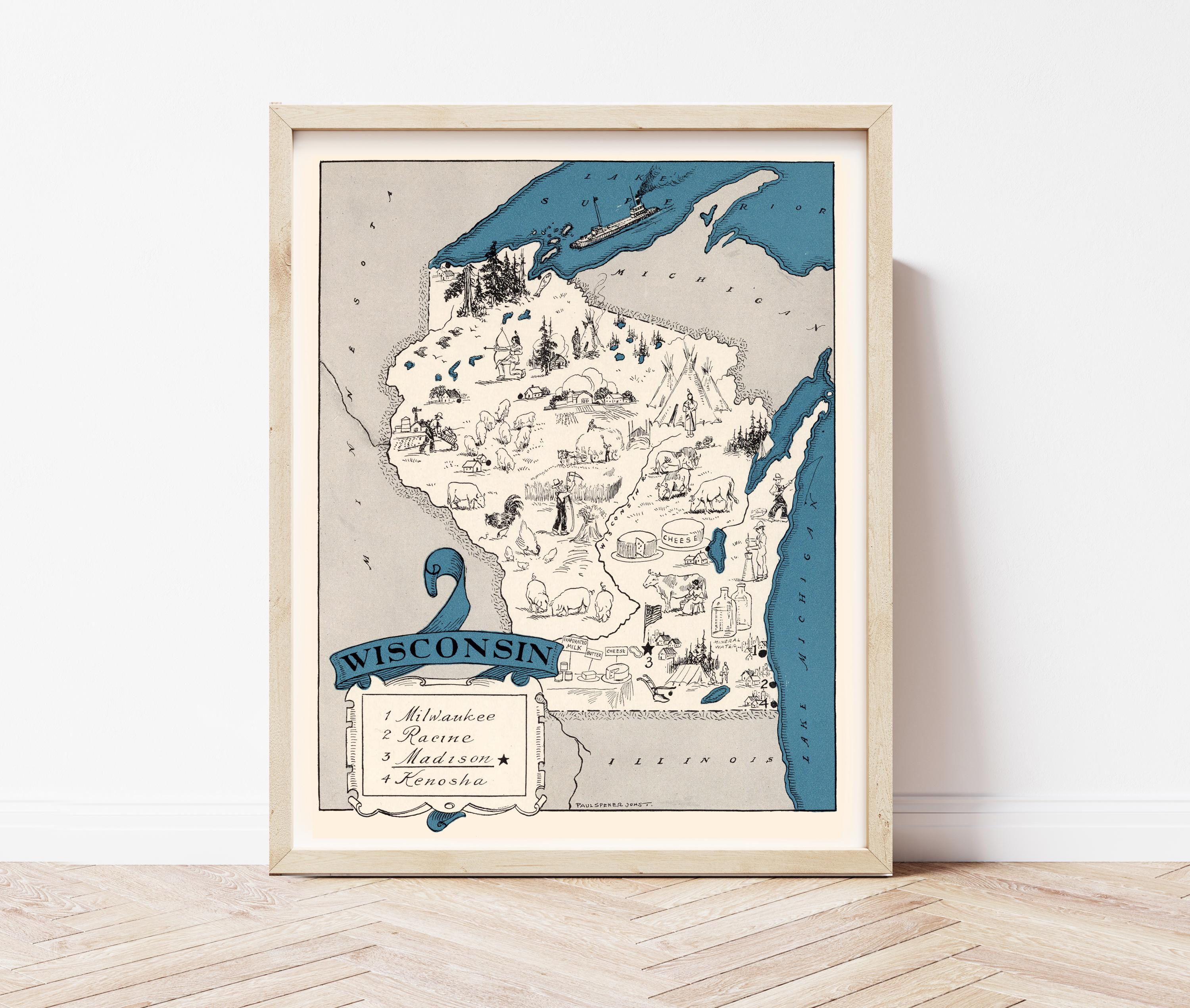Vintage Wisconsin Map, Milwaukee Map, Cheese State, Racine Map ...
