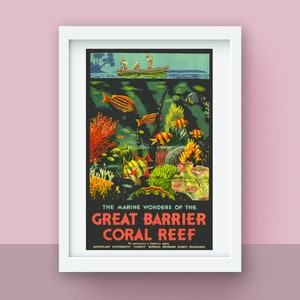 Vintage Travel Poster Print, Great Barrier Coral Reef Australia, by Percy Trompf circa 1933, Art Deco, Queensland Tourism and Travel