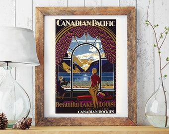 Vintage Lake Louise Poster, Swimming Pool, Art Deco Travel Print, Banff National Park by Alfred Crocker Leighton in 1938, Canadian Tourism