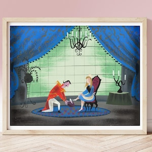 Lámina vintage de Mary Blair, escena de la zapatilla de cristal de Cenicienta, circa 1950, arte infantil, arte conceptual ilustrado