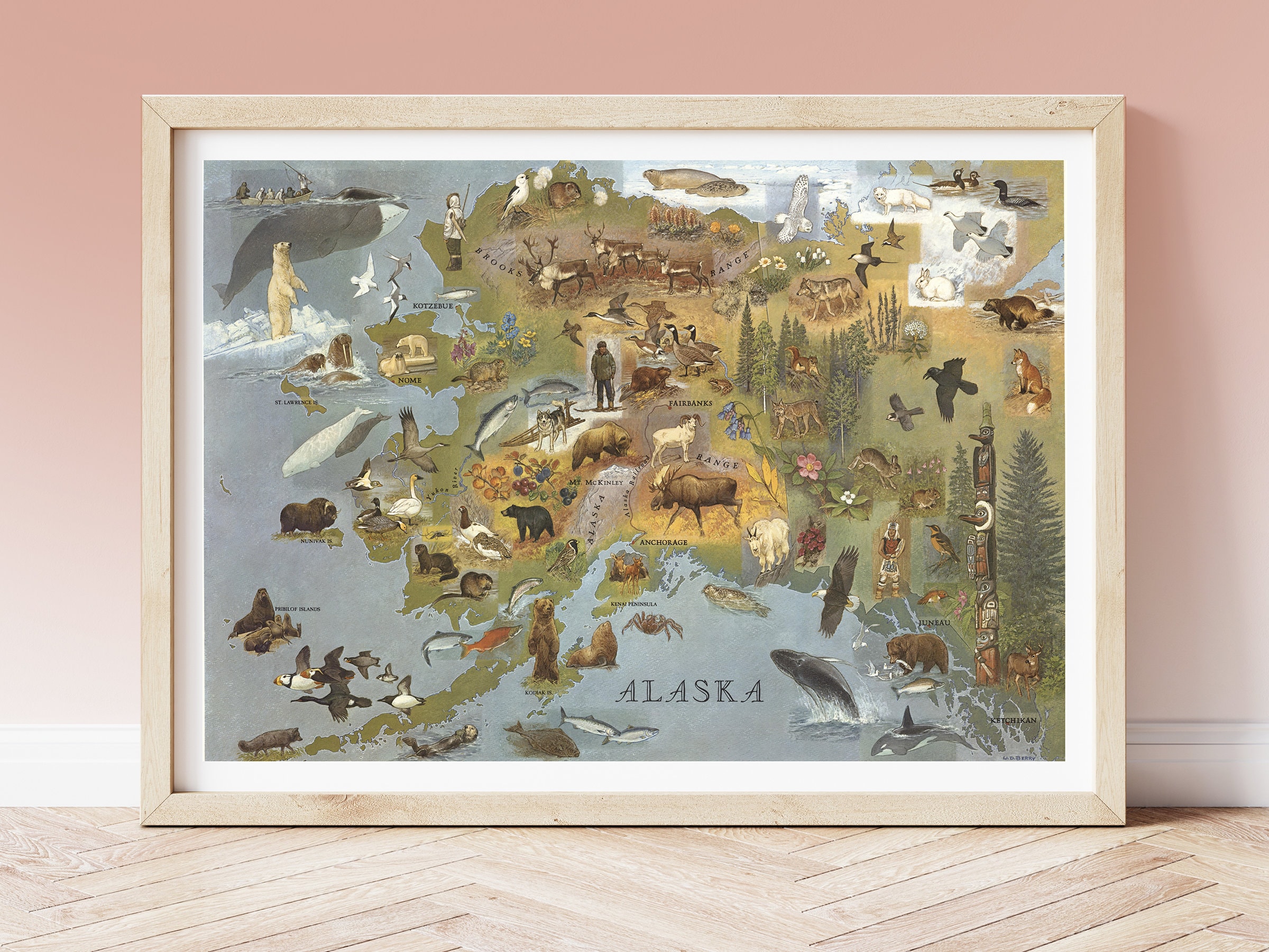 ヴィンテージ アラスカ絵地図ポスター、1967 年頃、ウィリアム D