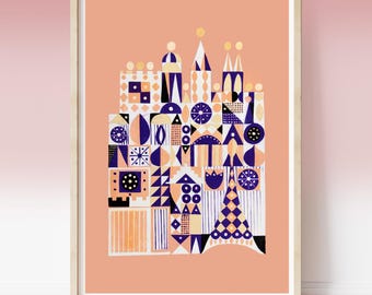 Vintage Mary Blair print, Its a Small World circa 1960s, Disneyland Park Murals, Nursery Art, illustrated abstract concept art