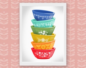 Vintage Pyrex Schüsseln Poster, Pyrex Sammlung, Mid Century Küche, Retro Küchen Poster, Pyrex Stapelmuster