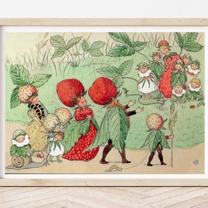 Elsa Beskow Poster, The Strawberry Family, Swedish Fairycore Art, Nursery Art, Scandinavian Fairytale Illustration, Children&#39;s Books