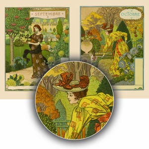 May include: A vintage illustration depicting three women in a garden setting. The women are wearing long dresses and hats. The illustration is in a style reminiscent of Art Nouveau. The text "SEPTEMBRE" and "OCTOBRE" is visible in the image.