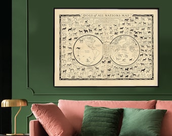 Op de afbeelding: Een vintage-stijl wereldkaart met zwart-wit illustraties van verschillende hondenrassen van over de hele wereld. De kaart heeft de titel "Dogs of All Nations Map".