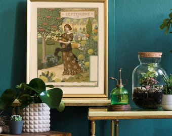 Arte mural Art Nouveau, Calendario de septiembre de Eugene Grasset, Calendario floral, Belle Jardinere, Decoración de pared del mes de nacimiento de septiembre, Libra