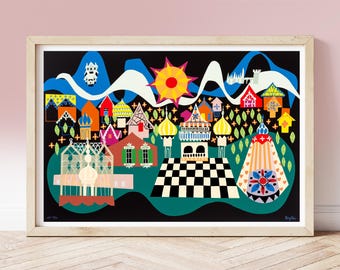 Vintage Mary Blair print, Its a Small World circa 1960s, Disneyland Park Murals, Nursery Art, illustrated concept art