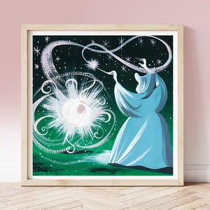 Lámina vintage de Mary Blair, Hada Madrina de Cenicienta, circa 1950, arte infantil, arte conceptual ilustrado