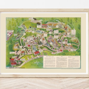 Vintage San Diego Zoo Karte circa 1947, illustrierte Touristenkarte von San Diego Zoo, gezeichnet von Lowell E. Jones, Mid Century Karte