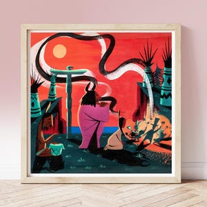 Lámina vintage de Mary Blair, Campamento indio de Peter Pan, circa 1950, arte infantil, arte conceptual ilustrado