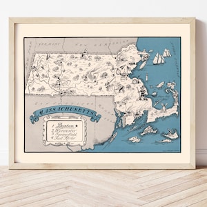 Vintage Massachusetts Map, Eastern Seaboard, Massachusetts Decor, Americana History circa 1931, Massachusetts History, illustrated pictorial