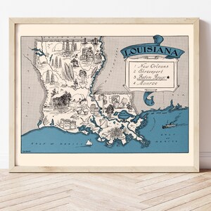 Vintage Lousiana Karte, Golf von Mexiko, Lousiana Decor, Americana Geschichte um 1931, Lousiana Geschichte, illustriert bildhaft, New Orleans