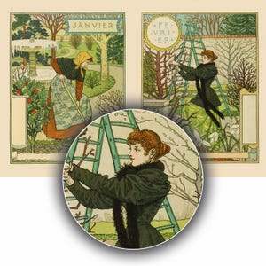 May include: A vintage illustration depicting a woman pruning a tree in a garden. The woman is wearing a dark green coat with a fur collar and is standing on a ladder. The tree is bare and has green branches. The background is a light green and blue.