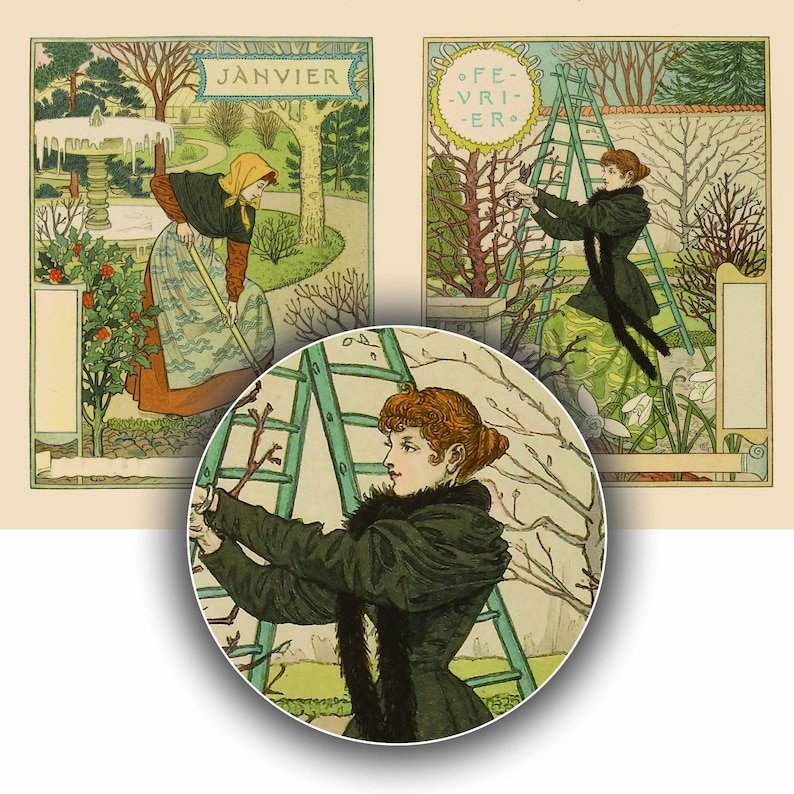 May include: A vintage illustration depicting a woman pruning a tree in a garden. The woman is wearing a dark green coat with a fur collar and is standing on a ladder. The tree is bare and has green branches. The background is a light green and blue.