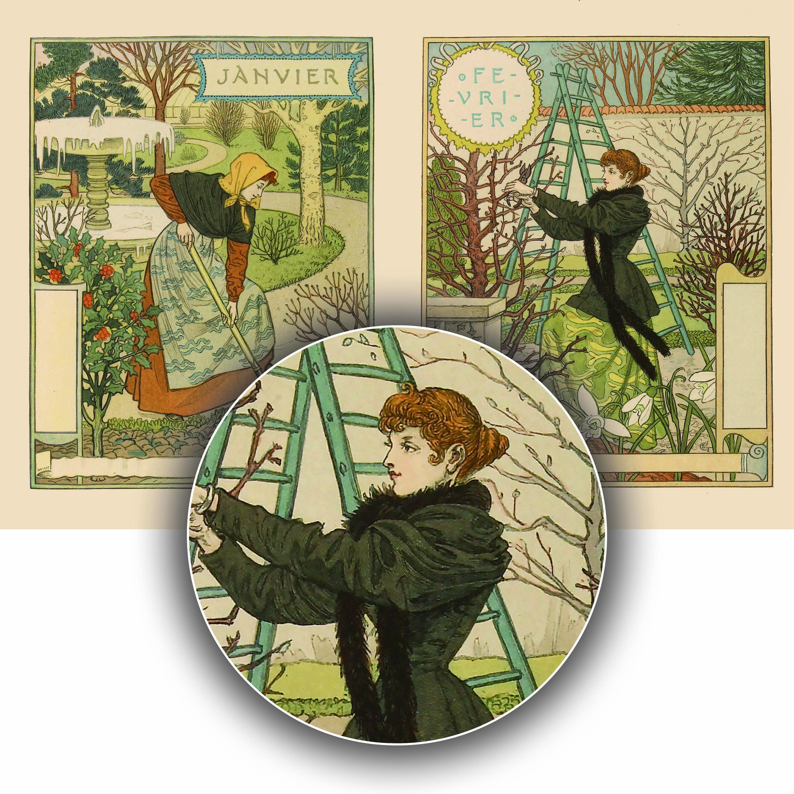 フランス　アンティーク　GRAS flor de anis 日めくりカレンダー Vintage Art Nouveau Wall Art, Eugene Grasset Calendar, Floral 12