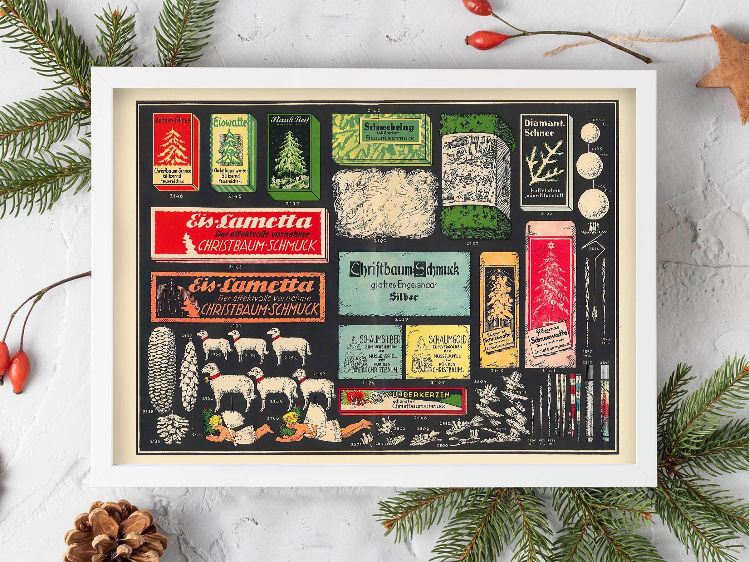 Vintage Lauscha Christmas Ornaments Poster, 1936 trade catalog, Erwin Geyer, Lauscha, Germany illustrated ornaments, Mid Century Christmas