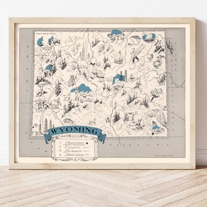 Carte vintage du Wyoming, Cowboy State, histoire de l'Amérique vers 1931, Parc national de Yellowstone, carte de Cheyenne, Etats-Unis illustrés