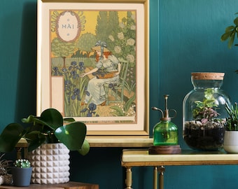 Arte mural Art Nouveau, Calendario de mayo de Eugene Grasset, Calendario floral, Belle Jardinere, Decoración de pared del mes de nacimiento de mayo, Cumpleaños de Tauro