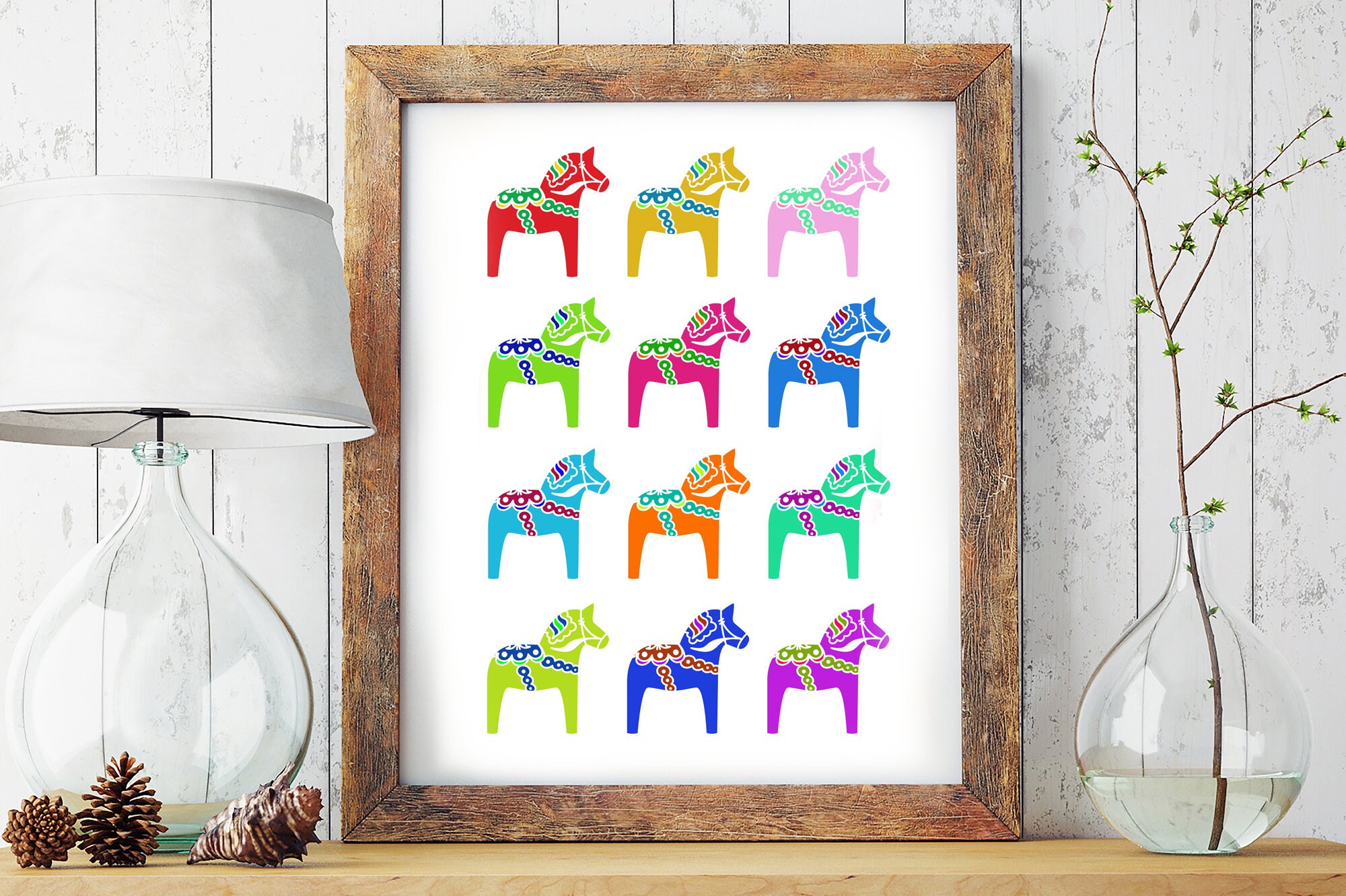 Dala Horse Poster, Multi-colored Horses, Swedish Culture and