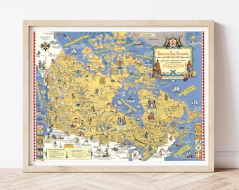 Vintage Hudson Bay Canadian Map circa 1969, illustrated trading posts and territories, Historical Canada Map, RCMP and Hudson's Bay Company