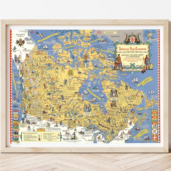 Mapa antiguo de la Bahía de Hudson de Canadá, circa 1969, con puestos comerciales y territorios ilustrados, mapa histórico de Canadá, RCMP y Compañía de la Bahía de Hudson.