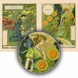 May include: A vintage illustration depicting a woman in a garden with sunflowers. She is wearing a green dress and a blue apron. The sunflowers are in full bloom, with yellow petals and orange centres. The background is a verdant garden with a pond.