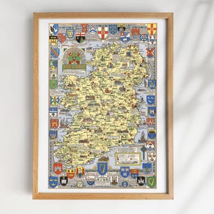Vintage Historische Karte von Irland von Bullock, circa 1955, Sehenswürdigkeiten, Städte, Stadtwappen und Geographie, irische Karte