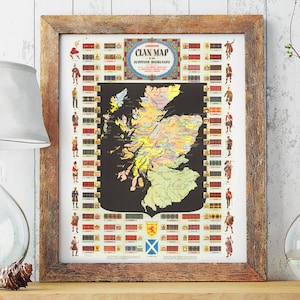 Carte de clan vintage des Highlands écossaises par W. & A.K. Johnston and Bacon, vers 1965, costume traditionnel Tartans Devises, carte de l'Écosse