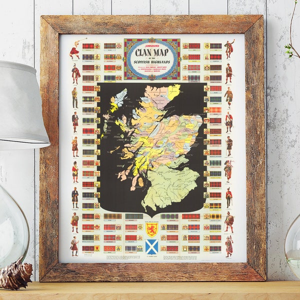 Carte des Clan vintage des Highlands écossais par W. & A.K. Johnston and Bacon, circa 1965, Tartans Devises Costume traditionnel, Écosse Carte