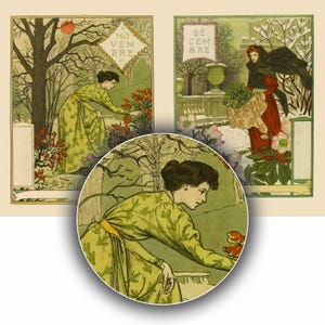 May include: Two vintage illustrations of women in gardens. The first illustration shows a woman in a green dress tending to flowers in a garden. The second illustration shows a woman in a red dress and black cloak carrying a bouquet of flowers in a snowy garden. The text "NO VEM BRE" and "DE CEM BRE" is visible in the illustrations.
