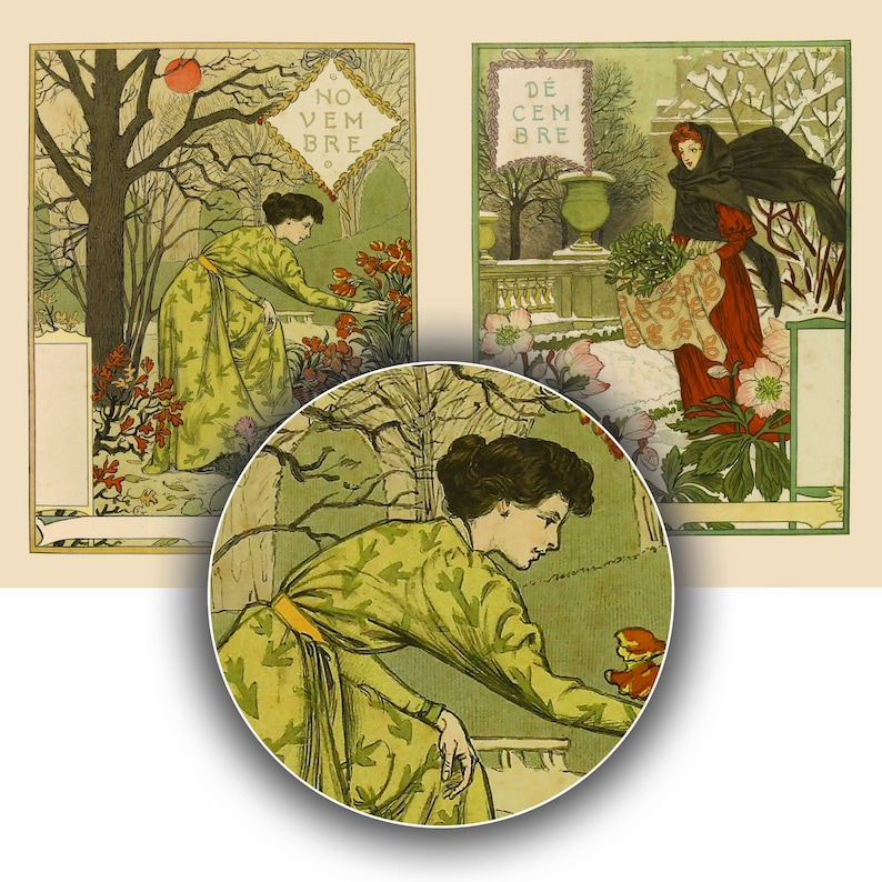 May include: Two vintage illustrations of women in gardens. The first illustration shows a woman in a green dress tending to flowers in a garden. The second illustration shows a woman in a red dress and black cloak carrying a bouquet of flowers in a snowy garden. The text "NO VEM BRE" and "DE CEM BRE" is visible in the illustrations.