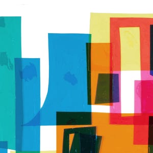 May include: Abstract art print featuring overlapping geometric shapes in various colors, including blue, green, yellow, orange, red, and pink.