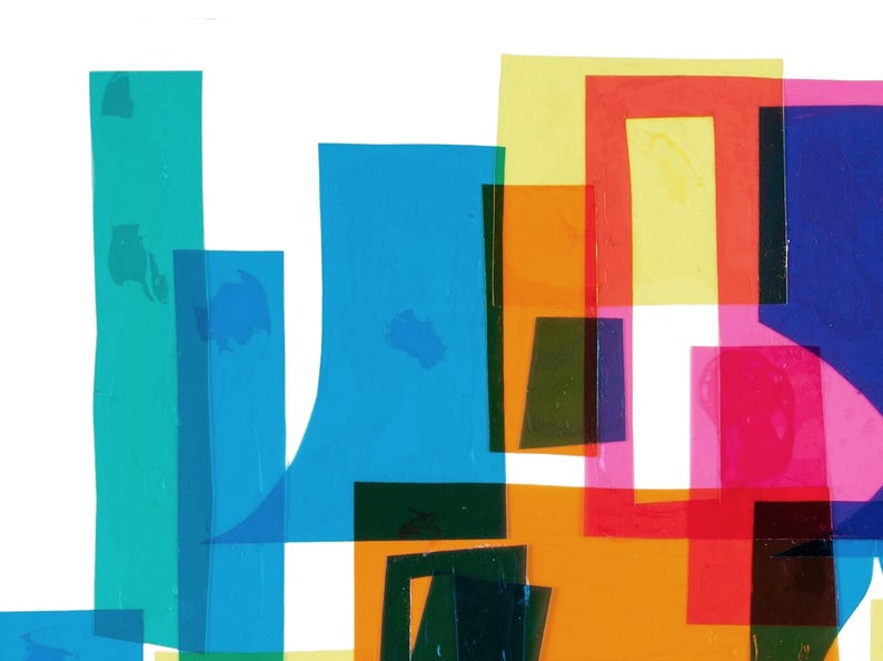 May include: Abstract art print featuring overlapping geometric shapes in various colors, including blue, green, yellow, orange, red, and pink.