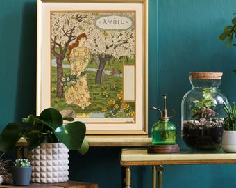 Arte mural Art Nouveau, calendario de abril de Eugene Grasset, calendario floral, Belle Jardinere, decoración de pared del mes de nacimiento de abril, cumpleaños de Piscis
