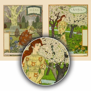May include: Two illustrations of women in a garden setting. The first illustration shows a woman in a red dress kneeling in a garden with blue flowers. The second illustration shows a woman in a yellow dress standing in a garden with white flowers. The text "MARS" is at the top of the first illustration and the text "AVRIL" is at the top of the second illustration.