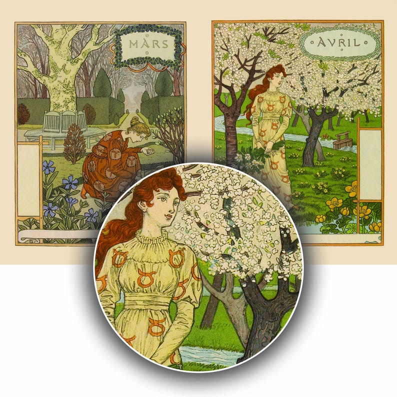 May include: Two illustrations of women in a garden setting. The first illustration shows a woman in a red dress kneeling in a garden with blue flowers. The second illustration shows a woman in a yellow dress standing in a garden with white flowers. The text "MARS" is at the top of the first illustration and the text "AVRIL" is at the top of the second illustration.