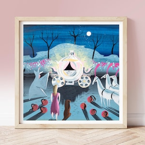 Lámina vintage de Mary Blair, carroza de la Hada Madrina de Cenicienta, circa 1950, arte infantil, arte conceptual ilustrado