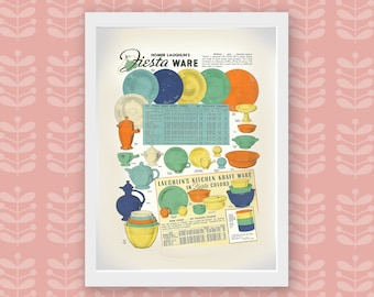 Vintage Fiestaware Werbeplakat, Fiestaware Kennzeichnung, Fiesta Kollektion, Mid Century Küche, Retro Küchen Poster