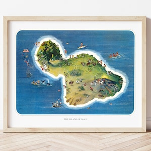 Mapa de la isla hawaiana vintage de Maui, por Ray Lanterman alrededor de 1962, mapa turístico ilustrado de Maui, que incluye puntos de referencia y lugares turísticos
