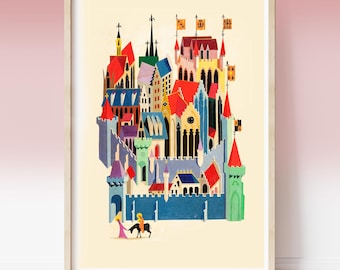 Vintage Eyvind Earle print, The Story of Christmas circa 1963, Mid Century Geometric Architecture, Jerusalem, Biblical Art Story of Jesus
