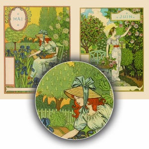 May include: A vintage illustration of a woman in a straw hat and blue dress standing in a garden with irises. The text "MAI" is in a circle at the top of the image.